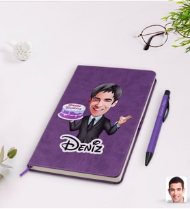 BK Gift Kişiye Özel Erkek Doğum Günü Karikatürlü Mor Termo Deri Defter Kalem Seti Model 2