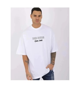 Unisex Bisiklet Yaka Baskılı Oversize T-Shirt - Beyaz