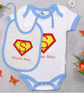 BK Kids Kişiye Özel Harfli Mavi Bebek Body Zıbın ve Mama Önlüğü Hediye Seti