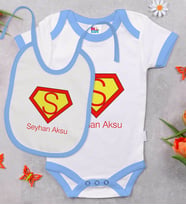 BK Kids Kişiye Özel Harfli Mavi Bebek Body Zıbın ve Mama Önlüğü Hediye Seti