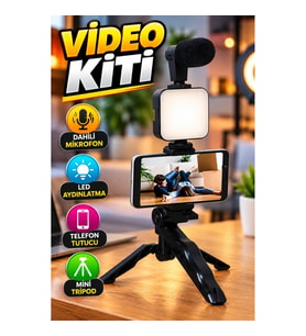 Telefon Tutucu LED Işıklı Mikrofonlu Video Kayıt Kiti Mini Tripodlu
