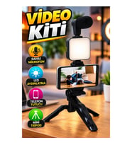 Telefon Tutucu LED Işıklı Mikrofonlu Video Kayıt Kiti Mini Tripodlu