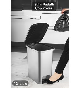 15 Litre Slim Pedallı Gri Banyo ve Mutfak Çöp Kovası