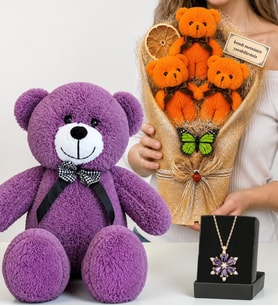 Kişiye Özel Turuncu Ayıcık Buketi, Gerçek Ametist Taşlı Lotus Kolye ve 50 cm Mor Peluş Ayıcık Hediye Seti