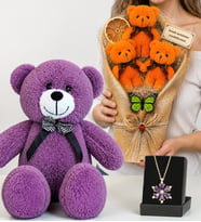 Kişiye Özel Turuncu Ayıcık Buketi, Gerçek Ametist Taşlı Lotus Kolye ve 50 cm Mor Peluş Ayıcık Hediye Seti