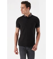 Morven Erkek Siyah Oxford Pike Düğmeli Yaka Düz Desen Dynamic Fit T-Shirt