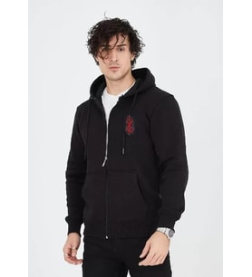 Unisex Baskılı Tam Fermuarlı Kapşonlu SweatShirt - Siyah