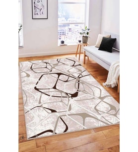 Bej Geometrik Kaymaz Tabanlı Makinede Yıkanabilir Halı LK006 - 100 x 160 cm