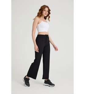 Kadın Nervürlü Beli Lastikli Fitilli Tayt Eşofman Altı Bootcut (Siyah)