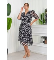 Kadın Büyük Beden Desenli Şifon Elbise Nb8063 - Siyah