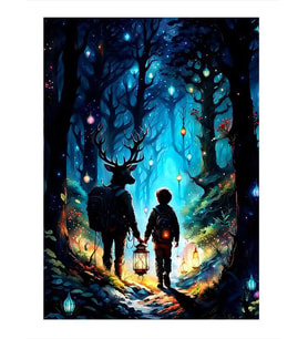 Geyik Ve Çocuk Noel'de Orman Art Mdf Tablo