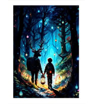 Geyik Ve Çocuk Noel'de Orman Art Mdf Tablo