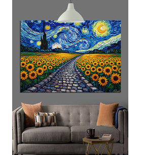 Van Gogh Ayçiçeği Yıldızlı Gece Dekoratif Kanvas - Mdf Ahşap Tablo