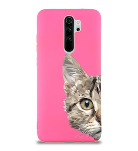 Xiaomi Redmi Note 8 Pro Uyumlu Lansman Kılıf Catface Tasarımlı İçi Kadife Kapak-Neon Pembe (Şeffaf)