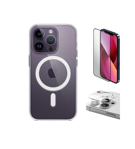 Vendas iPhone 14 Pro Max Uyumlu (14 Pro Max) Magsafe Şarj Destekli Darbe Dirençli Fit Hard Silikon Kılıf + Kamera Lens + Cam Ekran Koruyucu (Renksiz)