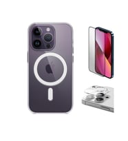 Vendas iPhone 14 Pro Max Uyumlu (14 Pro Max) Magsafe Şarj Destekli Darbe Dirençli Fit Hard Silikon Kılıf + Kamera Lens + Cam Ekran Koruyucu (Renksiz)
