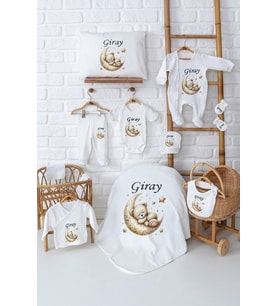 Pia Baby Premium Erkek Bebek Hediyesi Hastane Çıkışı 11 Parça İsim Baskılı Set 5052-00 (Ekru)