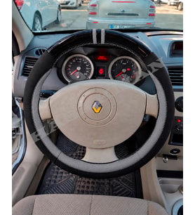 Renault Megane 2 Dikme Direksiyon Kılıfı Parlak Siyah Gri Detaylı Gri Çift Yüzük ve Dikiş 2002-2010