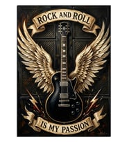 Kanatlı ve Elektro Gitarlı ve ROCK AND ROLL IS MY PASSION Poster Dekoratif Kanvas - Mdf Ahşap Tablo