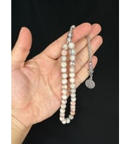 BEYAZ KAHVERENGİ DESENLİ AKİK DOĞALTAŞ TESBİH KÜRE KESİM T-552 (Çok Renkli)