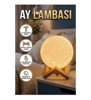 3D Ay Gece Lambası Ahşap Standlı Dekoratif LED Ay Modeli Masaüstü Aydınlatma