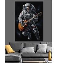 Gitarlı Siyah Beyaz Astronot Dekoratif Kanvas - Mdf Ahşap Tablo