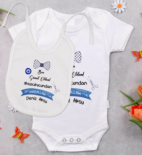 BK Kids Kişiye Özel Sünnet Tasarımlı Bebek Body Zıbın ve Mama Önlüğü Hediye Seti - Model 2