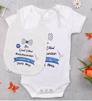BK Kids Kişiye Özel Sünnet Tasarımlı Bebek Body Zıbın ve Mama Önlüğü Hediye Seti - Model 2