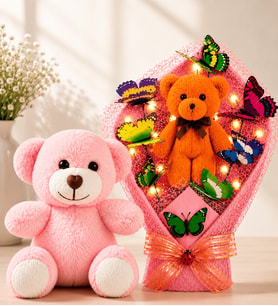 LED Işıklı Peluş Ayıcık Buketi ve Pembe Peluş Ayıcık Sevgiliye Arkadaşa Anneye Kadına Hediye
