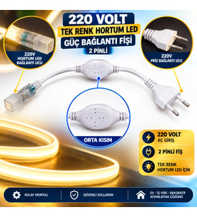 220 V 40x40 Tek Renk Hortum Led Güç Kablosu 2 Pin