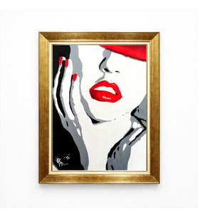 Tablore Gold Çerçeveli Kırmızı Rujlu Kadın Pop Art Minimalist Modern Salon Duvar Tablosu