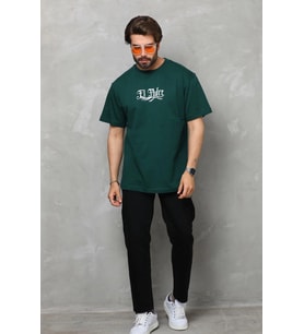 Erkek Kısa Kol Yazlık Tişört Bisiklet Yaka Baskılı Oversize T-Shirt - Yeşil