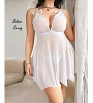 Intive Curvy Beyaz Transparan Büyük Beden V Yaka Asimetrik Dekolteli Gecelik (2XL-3XL)