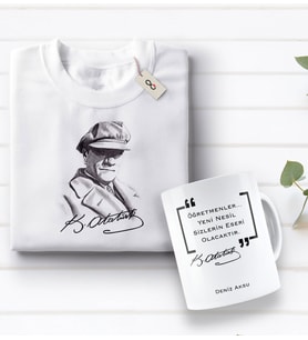 BK Gift Kişiye Özel Öğretmenler Günü Tasarımlı Kupa Bardak ve Atatürk Baskılı Tişört Hediye Seti- 1-15, Öğretmene Hediye, Öğretmenler Günü, 100. Yıl Hediyesi