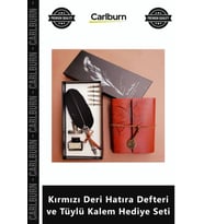 Özel Üretim Nostaljik Eskitme Tasarım şiye Kırmızı Deri Hatıra Defteri Tüylü Kalem Hediye Seti