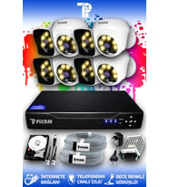 PICAM 8 Kameralı Kare 4 İç Kamera Set 2 TB HDD Full HD Renkli Gece Görüşlü Güvenlik Kamerası Sistemi
