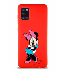 Samsung Galaxy A31 Soft Premier Kapak Minnie Mouse-D Tasarımlı Silikon Kılıf - Kırmızı (Şeffaf)
