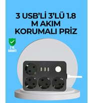 3 USB Çıkışlı 4’lü Akıllı Priz 2500W 2 Metre Kablo
