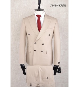 Kruvaze Bej Slim Fit Sivri Yaka Çift Yırtmaç Tokalı Pantolon Drop 6 Takım Elbise