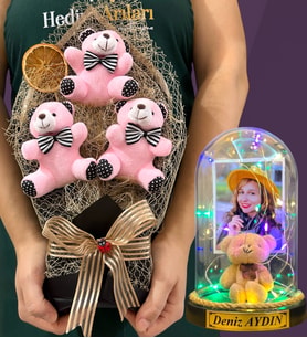Size Özel Renkli Led Işıklı Fanus ve Büyük Boy Pembe Ayıcık Buketi (Model 9)