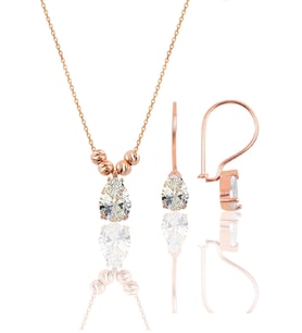 Söğütlü Silver Gümüş rose zirkon taşlı dorica damla kolye ve çengelli küpe seti