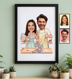 Kişiye Özel Karikatür Yemek Yapan Romantik Çift Siyah Çerçeve Sevgililer Günü Hediyesi