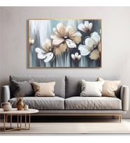 Yağlı Boya Dokulu Tablo Soyut Krem Beyaz Çiçekler Altın Çerçeveli U02027