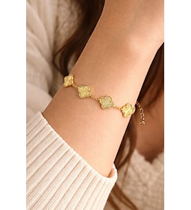 925 AYAR GOLD KAPLAMA  KALEM İŞÇİLİKLİ UNISEX BEŞLİ YONCA GÜMÜŞ BİLEKLİK