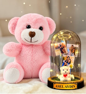 Kişiye Özel 3 Fotoğraflı Yazılı LED Işıklı Fanus ve Pembe Peluş Ayıcık Hediye Seti (beyaz ayıcıklı)