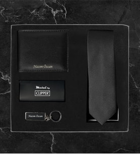 Kişiye Özel Lüks Kutulu Gerçek Deri Cüzdan &  Anahtarlık Orjinal Clipper Çakmak Kravat Hediye Seti LK105G