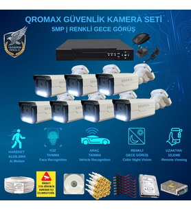 QROMAX 7 Kameralı Set - Yapay Zeka Özellikli İnsan Yüz Araç Tanımalı Gece Renkli Gösteren 5 MP SONY Lensli 4 Warm Ledli FULLHD Güvenlik Kamerası Seti 3404W