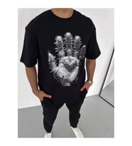 Unisex Bisiklet Yaka Baskılı Oversize T-Shirt - Siyah