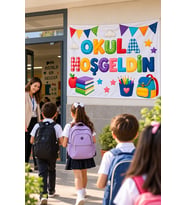 Okula Hoş Geldin Bez Afiş 150 x 100 cm Okul Karşılama Pankartı Süslemesi