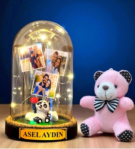 Sizlere Özel Led Işıklı Biblolu Fanus ve Pembe Peluş Ayıcıklı Anahtarlık (Model 4)